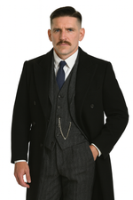 Arthur Shelby Vested Gray Plaid Peaky Blinders Suit - Peaky Blinders Outfit + Black  Double Breasted Overcoat (Peaky Blinder Custome)