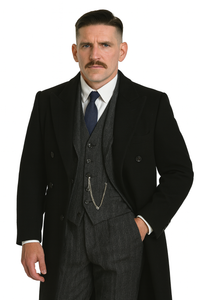 Arthur Shelby Vested Gray Plaid Peaky Blinders Suit - Peaky Blinders Outfit + Black  Double Breasted Overcoat (Peaky Blinder Custome)