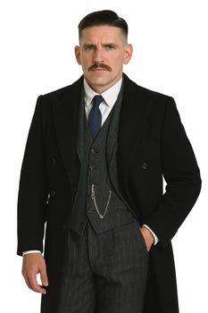 Arthur Shelby Vested Gray Plaid Peaky Blinders Suit - Peaky Blinders Outfit + Black  Double Breasted Overcoat (Peaky Blinder Custome)