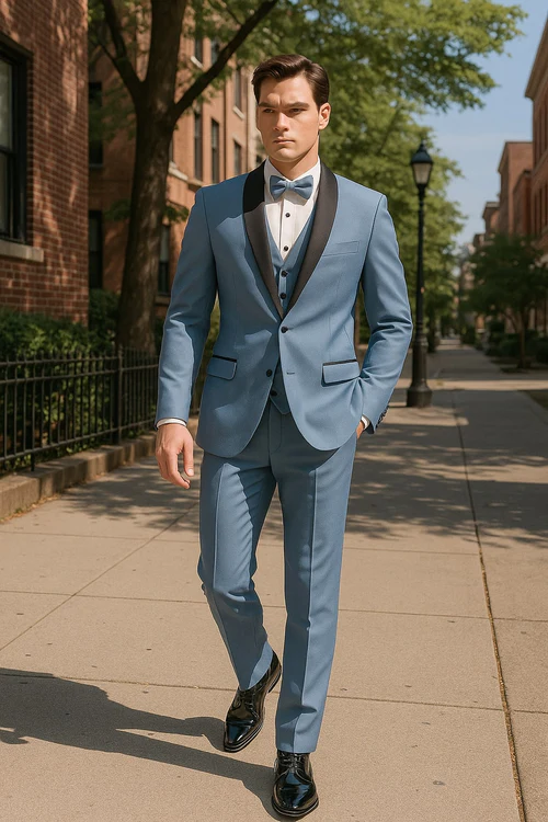 Dusty Blue Suit Color Tuxedo Shawl Collar Vested 3PC Mens Suit Slim Fit Jacket + Pants + Vest - Image 5