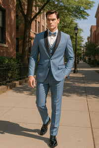 Sky Blue Tuxedo with Black Shawl Lapel Slim Fit Prom and Wedding Suit in Baby Blue Color - Light Blue