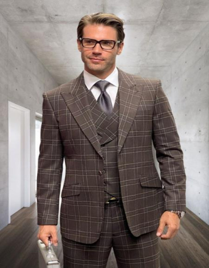 Athletic Suit - Brown Windowpane - Plaid Suit Modern Fit Side Vented Super 150's Wool Fabric - 100% Percent Wool Fabric Suit - Worsted Wool Business Suit