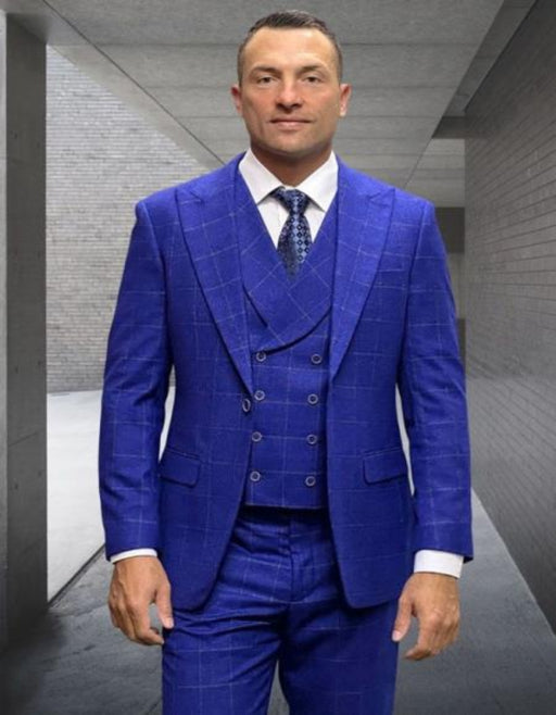 Athletic Suit - Cobalt Windowpane - Plaid Suit Modern Fit Side Vented Super 150'S Wool Fabric
