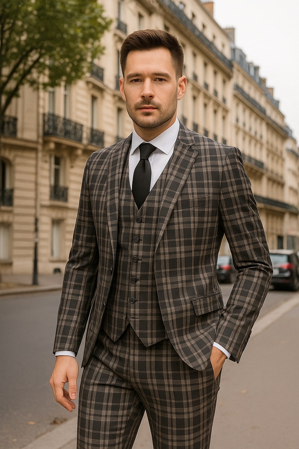 Mensusa Men's Black and White Plaid Three-Piece Suit – Modern Slim Fit Tuxedo ...