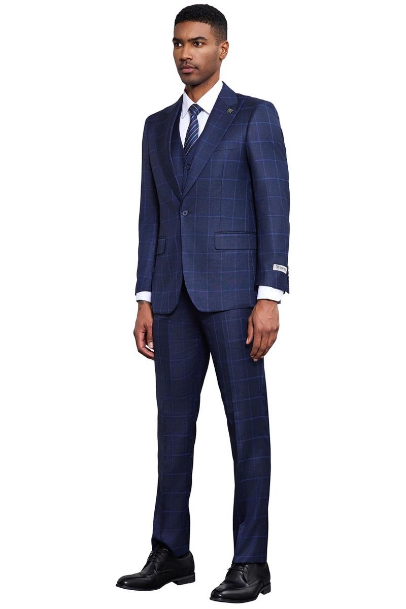 Men's Stacy Adams Classic One Button Vested Windowpane Suit in Navy Blue - Image 3