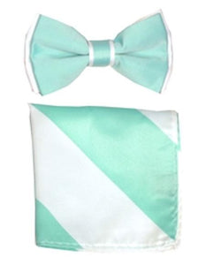 Men's Auqa / White Polyester Satin dual colors classic Bowtie with hankie - Men's Neck Ties - Mens Dress Tie - Trendy Mens Ties