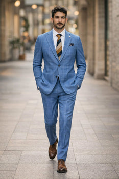 "Azure Elegance: Unconstructed Windowpane Blazer for Prom and Wedding Attire"
