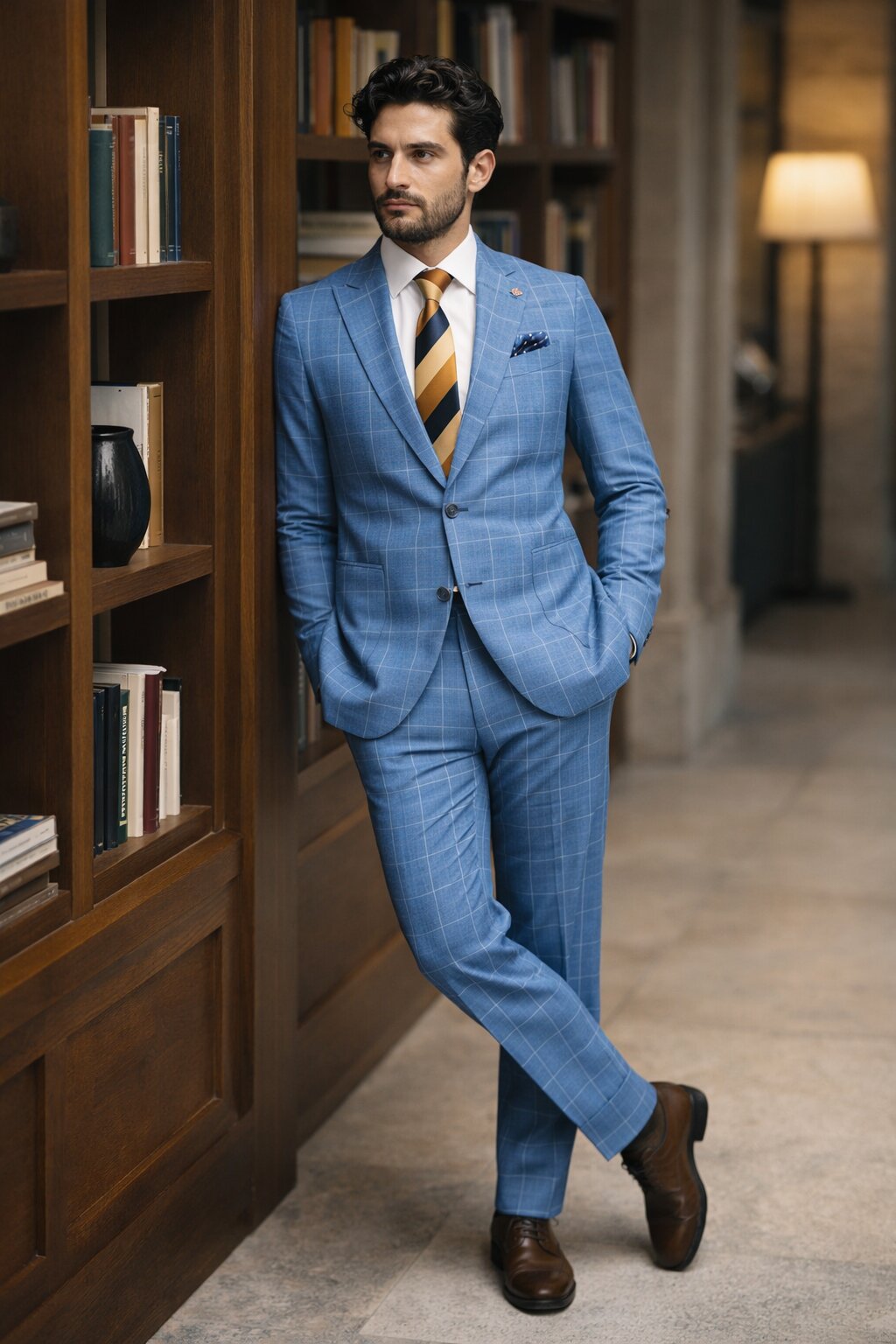 "Azure Elegance: Unconstructed Windowpane Blazer for Prom and Wedding Attire"