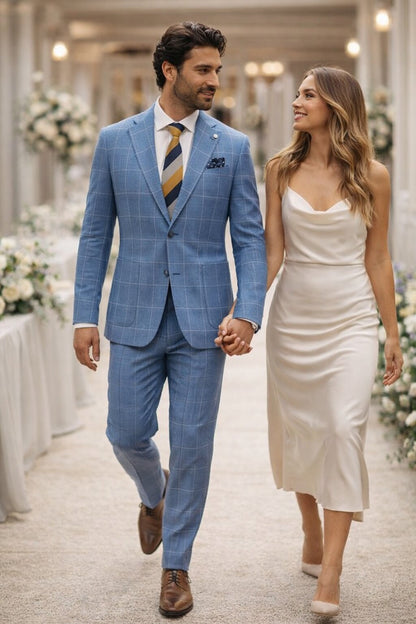 "Azure Elegance: Unconstructed Windowpane Blazer for Prom and Wedding Attire"