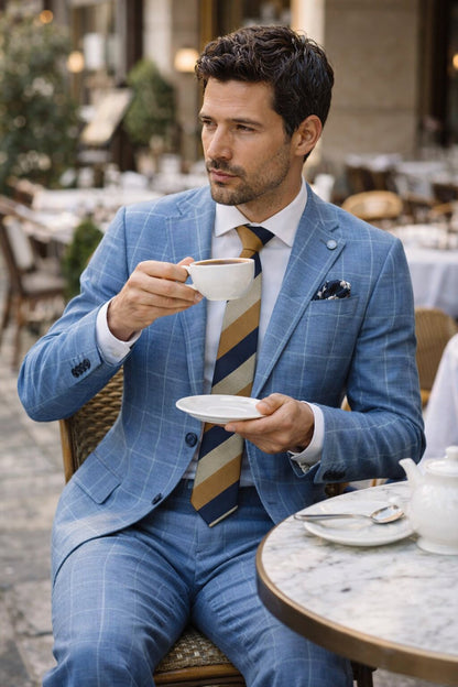 "Azure Elegance: Unconstructed Windowpane Blazer for Prom and Wedding Attire"