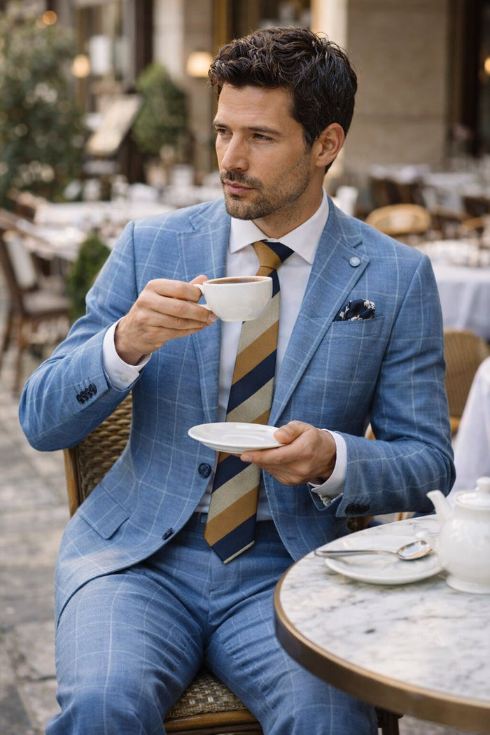 "Azure Elegance: Unconstructed Windowpane Blazer for Prom and Wedding Attire"