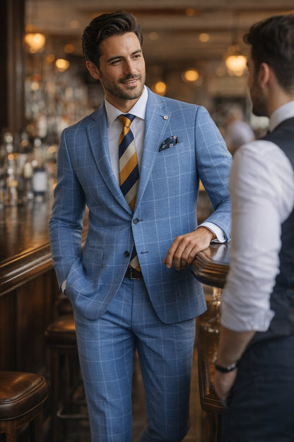 "Azure Elegance: Unconstructed Windowpane Blazer for Prom and Wedding Attire"