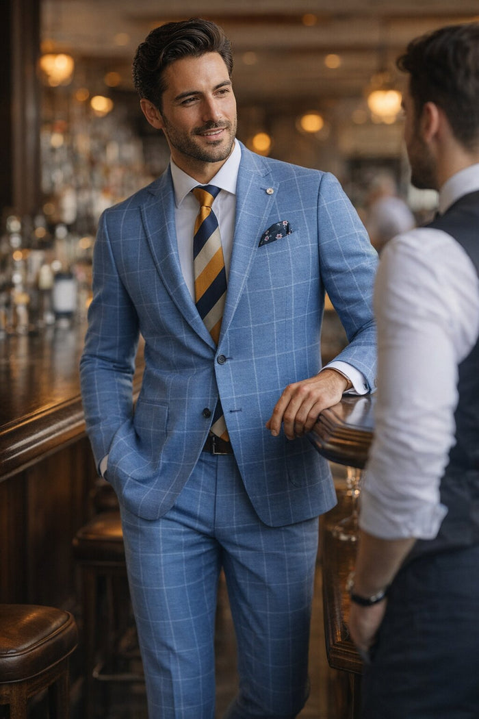 "Azure Elegance: Unconstructed Windowpane Blazer for Prom and Wedding Attire"