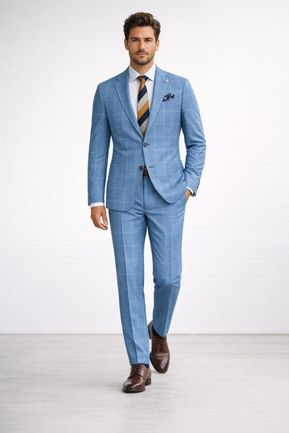 "Azure Elegance: Unconstructed Windowpane Blazer for Prom and Wedding Attire"