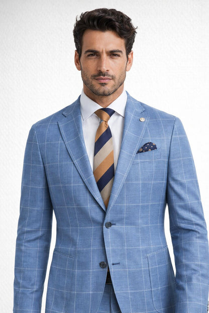 "Azure Elegance: Unconstructed Windowpane Blazer for Prom and Wedding Attire"
