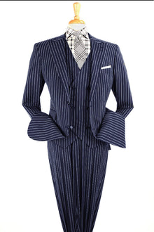 Apollo King Mens Vested 1920's Wide Bold Gangster Pinstripe Suit in Navy Blue