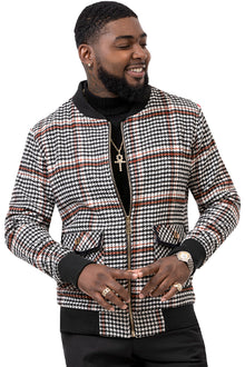 Men's Modern Fit Bomber Jacket inBlack & White Plaid Houndstooth