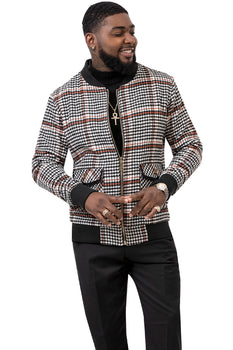 Men's Modern Fit Bomber Jacket inBlack & White Plaid Houndstooth - Image 2