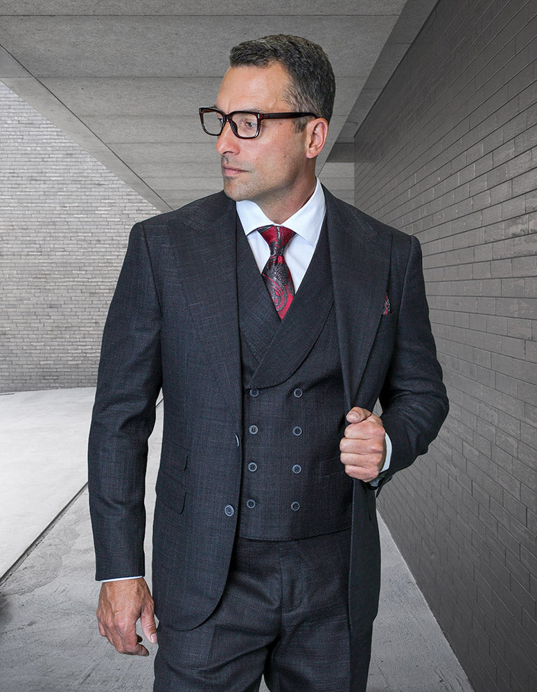 Mens Ticket Pocket Peak Lapel Double Breasted Vest 100% Wool Tom Ford Style Modern Fit in Color Black By Statement