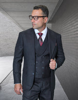 Mens Ticket Pocket Peak Lapel Double Breasted Vest 100% Wool Tom Ford Style Modern Fit in Color Black By Statement