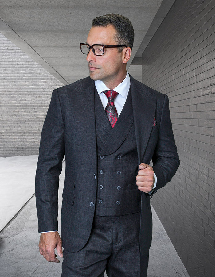 Mens Ticket Pocket Peak Lapel Double Breasted Vest 100% Wool Tom Ford Style Modern Fit in Color Black By Statement