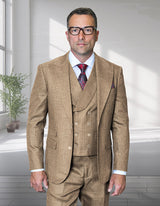 Mens Ticket Pocket Peak Lapel Double Breasted Vest 100% Wool Tom Ford Style Modern Fit in Color Bronze By Statement