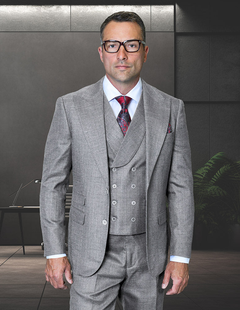 Mens Ticket Pocket Peak Lapel Double Breasted Vest 100% Wool Tom Ford Style Modern Fit in Color Grey By Statement