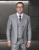 Mens Ticket Pocket Peak Lapel Double Breasted Vest 100% Wool Tom Ford Style Modern Fit in Color Grey By Statement