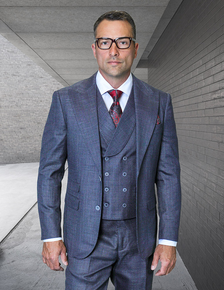 Mens Ticket Pocket Peak Lapel Double Breasted Vest 100% Wool Tom Ford Style Modern Fit in Color Navy By Statement