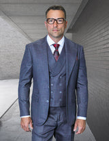 Mens Ticket Pocket Peak Lapel Double Breasted Vest 100% Wool Tom Ford Style Modern Fit in Color Navy By Statement
