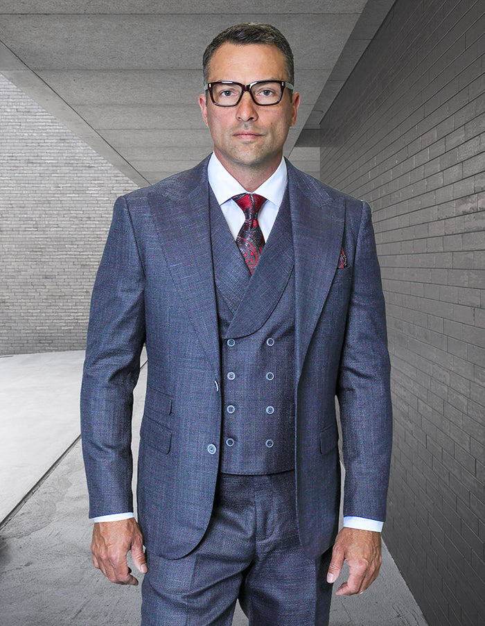 Mens Ticket Pocket Peak Lapel Double Breasted Vest 100% Wool Tom Ford Style Modern Fit in Color Navy By Statement