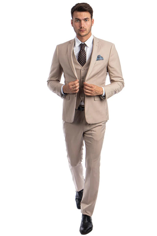 Men's Two Button Slim Fit Vested Solid Basic Color Suit in Medium Tan