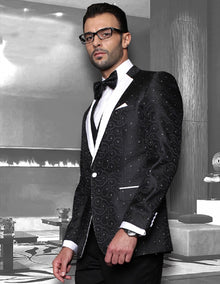Mens Vested Swirl Patter Notch Lapel Tuxedo in Black