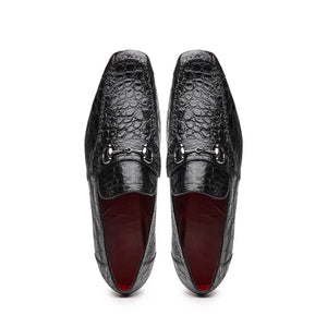Marco Di Milano Landro Men's Shoes Black Exotic Crocodile Horsebit Loafers