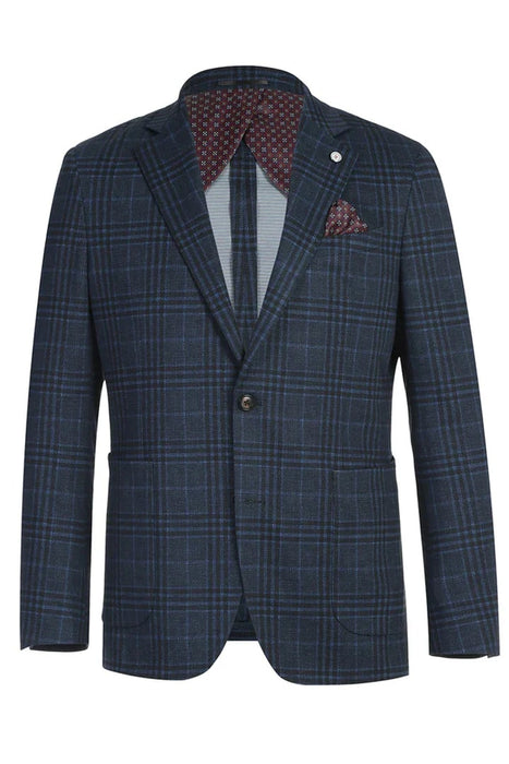 Saco vaquero - Western Sport Coat - Western Blazer - Mens Two Button Slim Fit Patch Pocket Blazer In Blue Grey Windowpane Plaid