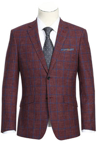 Saco vaquero - Western Sport Coat - Western Blazer- Mens Slim Fit Two Button Wool Sport Coat Blazer In Burgundy & Blue Windowpane Plaid