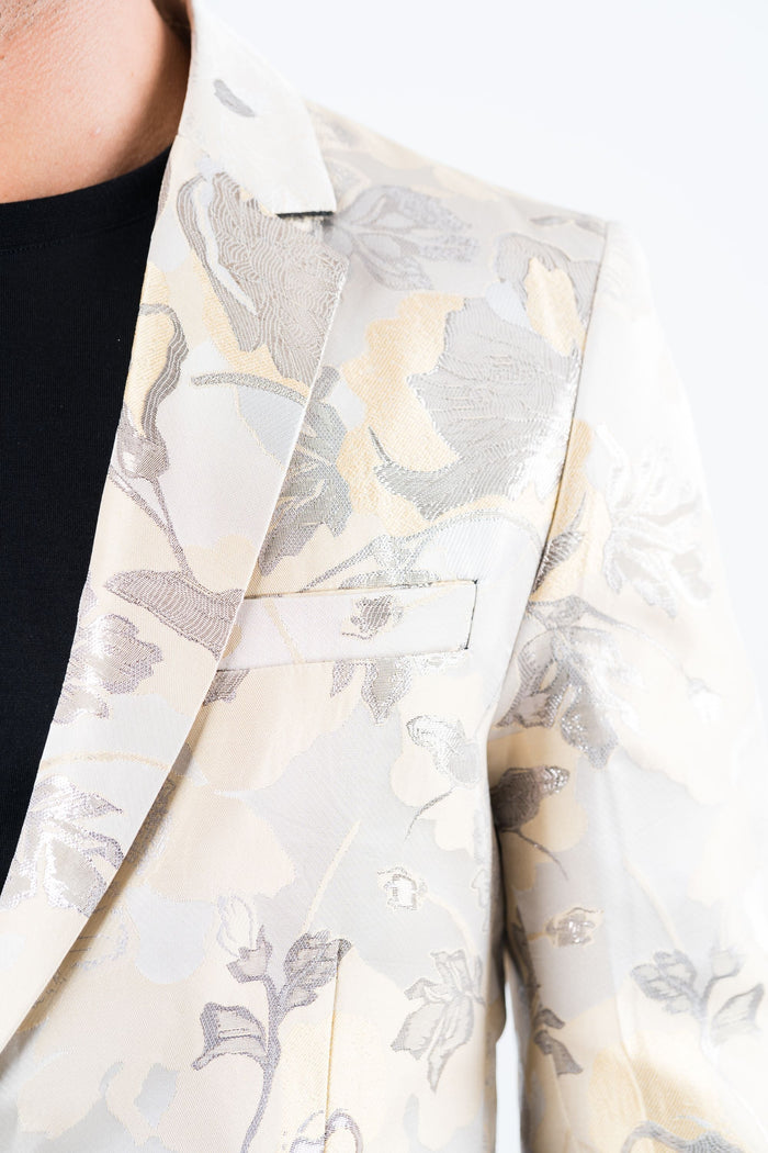 Men’s Elegant Beige Floral Print Blazer with Double Buttons