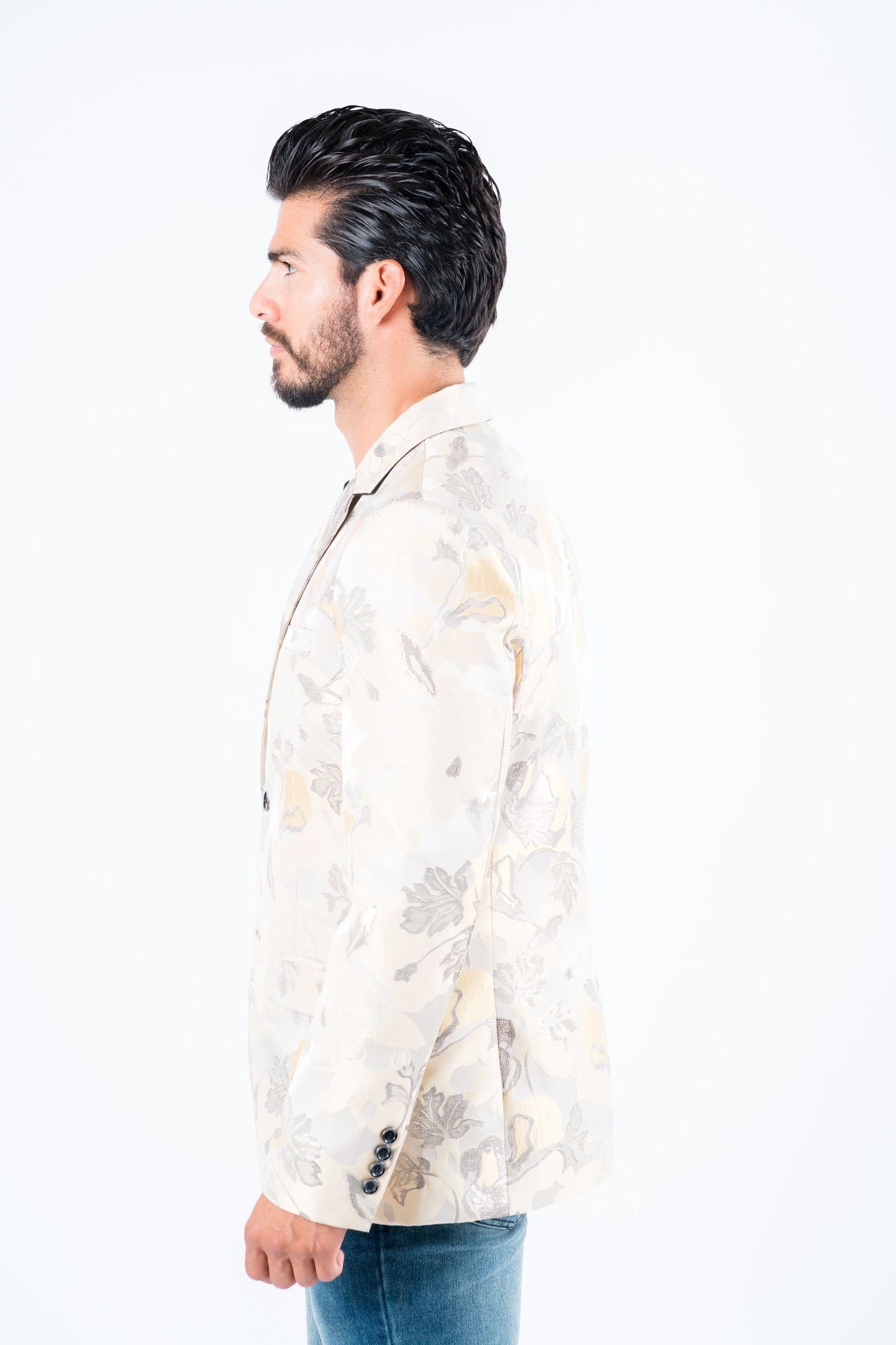 Men’s Elegant Beige Floral Print Blazer with Double Buttons