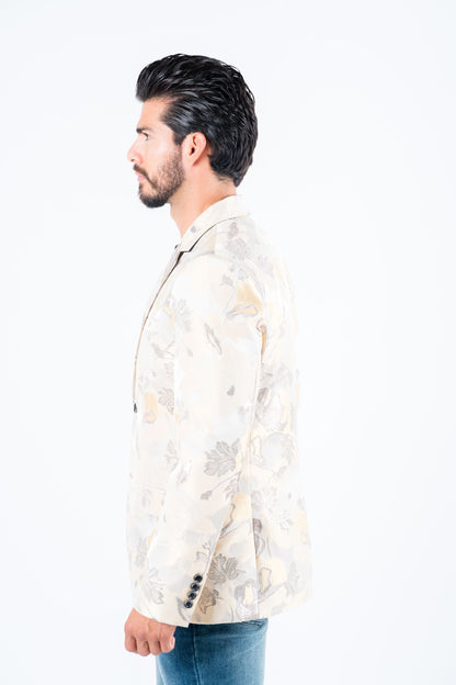Men’s Elegant Beige Floral Print Blazer with Double Buttons