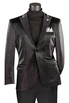 Mens Black Blazer - Men's Two Button Peak Lapel Vegan Leather Blazer in Black