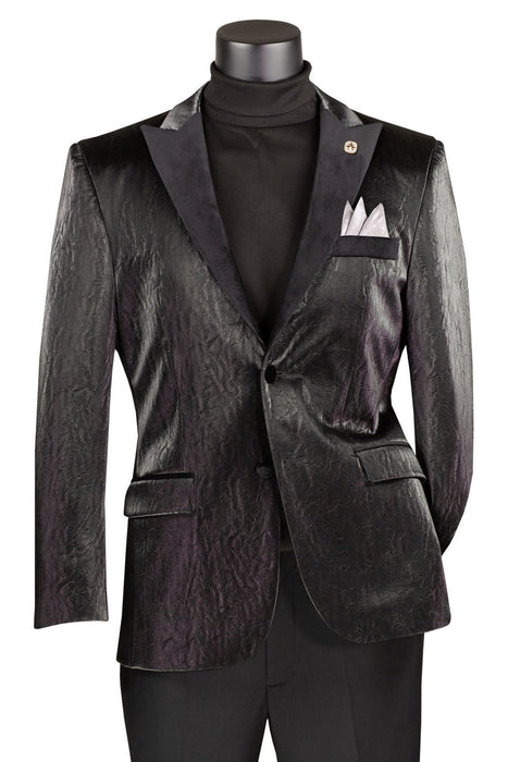 Mens Black Blazer - Men's Two Button Peak Lapel Vegan Leather Blazer in Black