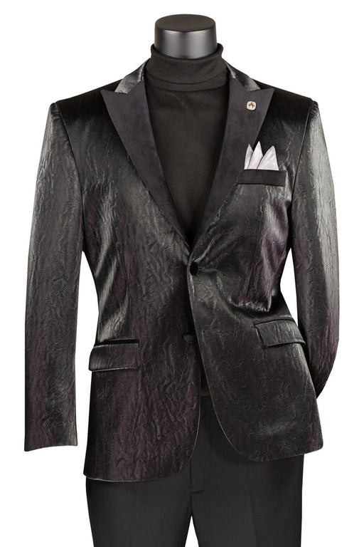 Mens Black Blazer - Men's Two Button Peak Lapel Vegan Leather Blazer in Black