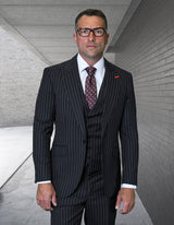 Mens Classic Fit Pleated Pant Wide Peak Lapel Wool Suit with Double Breasted Vest in Grey Pinstripe