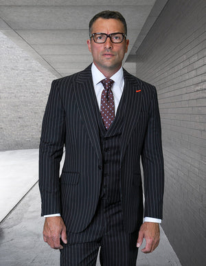 Mens Classic Fit Pleated Pant Wide Peak Lapel Wool Suit with Double Breasted Vest in Grey Pinstripe