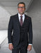 Mens Classic Fit Pleated Pant Wide Peak Lapel Wool Suit with Double Breasted Vest in Grey Pinstripe