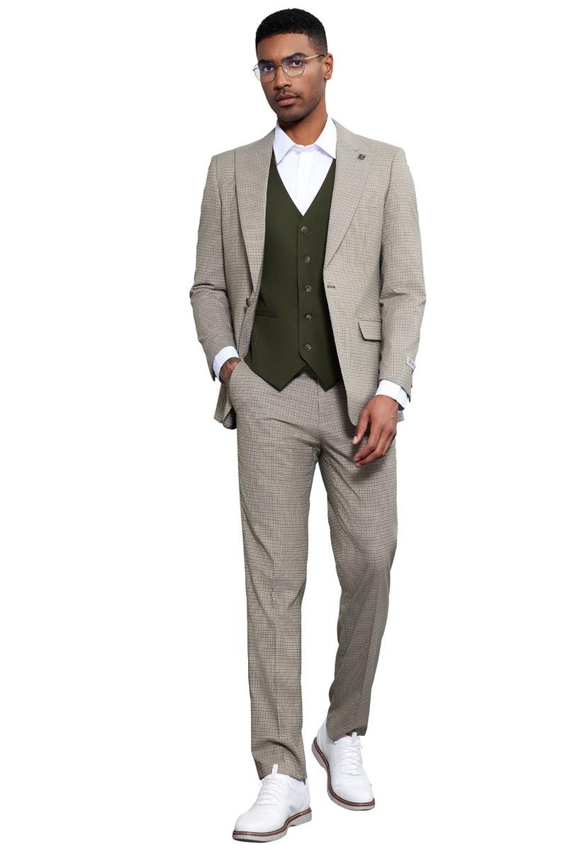 Men's Stacy Adams One Button Peak Lapel Vested Micro Check in Sage Green with an Olive Green Vest - Image 3