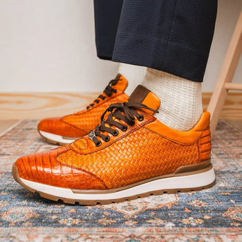 Marco Di Milano Roma Men's Shoes Brandy Exotic Crocodile / Woven Leather Casual Sneakers - Image 6