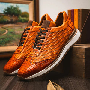 Marco Di Milano Roma Men's Shoes Brandy Exotic Crocodile / Woven Leather Casual Sneakers - Image 7