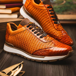 Marco Di Milano Roma Men's Shoes Brandy Exotic Crocodile / Woven Leather Casual Sneakers - Image 9