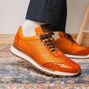 Marco Di Milano Roma Men's Shoes Brandy Exotic Crocodile / Woven Leather Casual Sneakers - Image 4